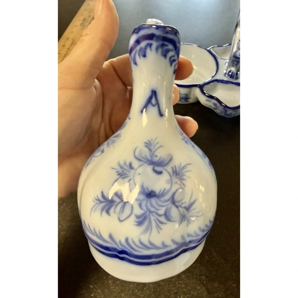 Vintage Pedros Alcobaça Portugal Blue White Cruet Set Oil Vinegar Caddy